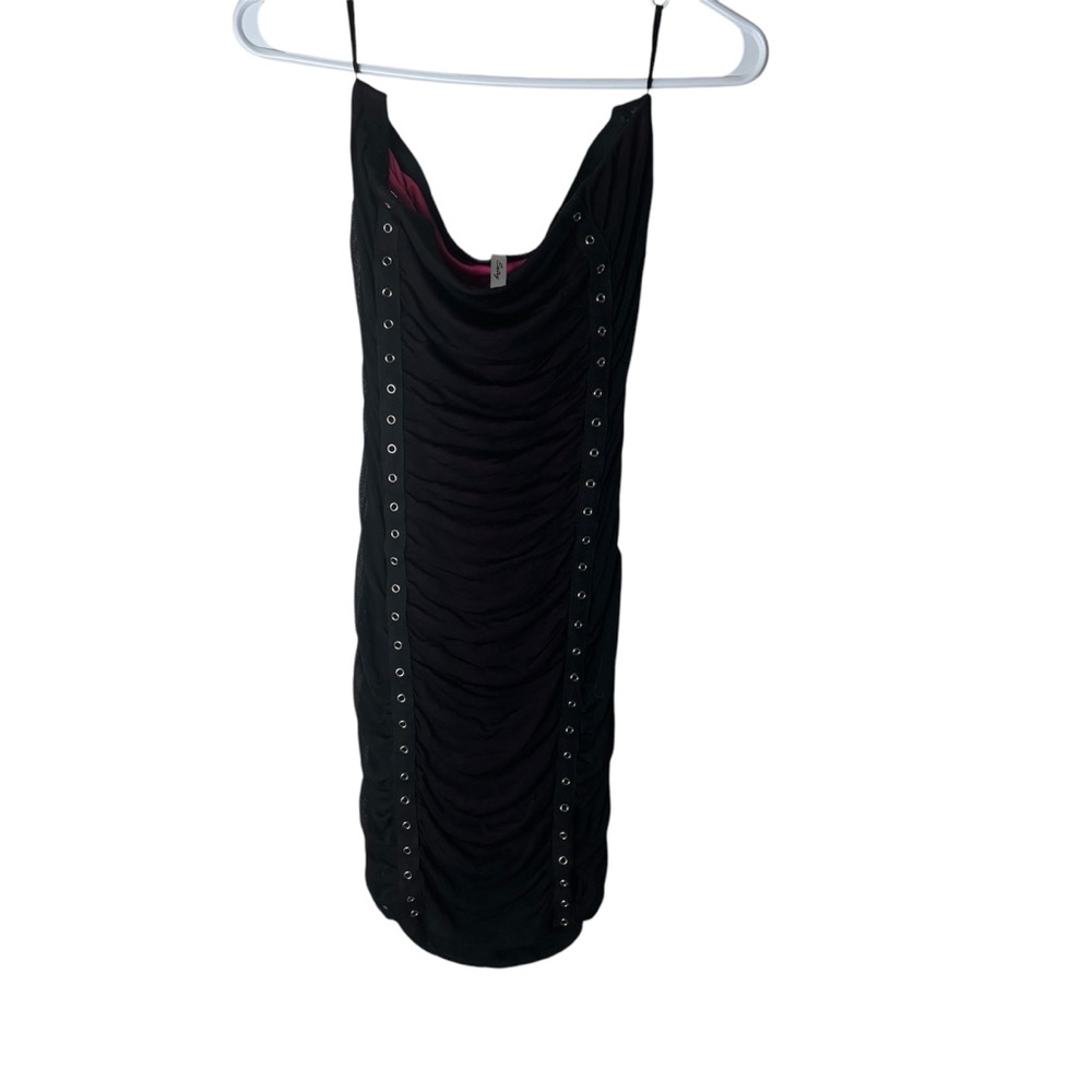 Y2K black mesh strapless mini dress with ruching and grommet details